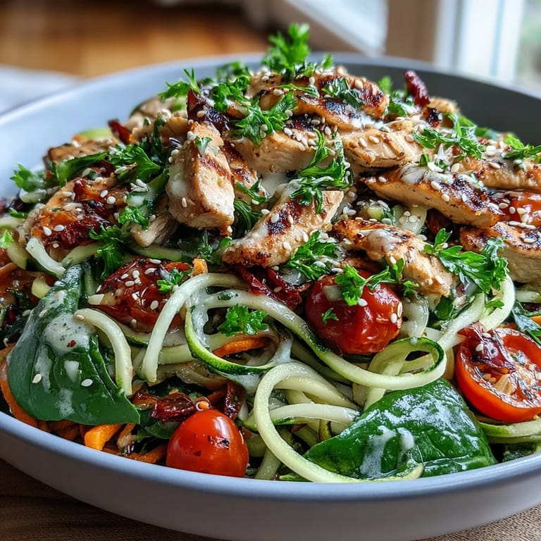 Drizzled tahini sauce coats the spiralized vegetable bowl, garnished with fresh parsley and ready to serve.