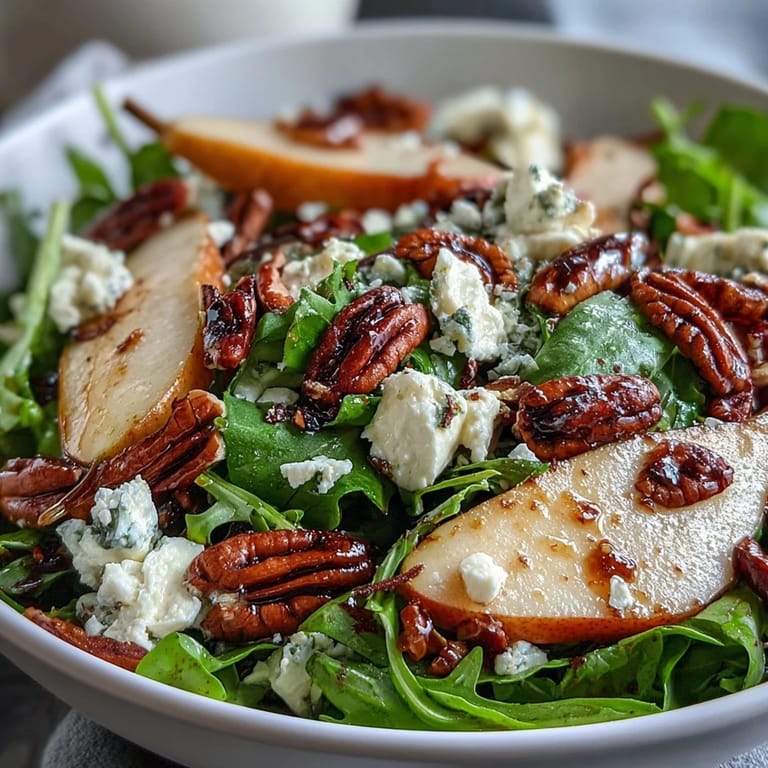 A close-up of Arugula and Pear Bowl, featuring peppery greens, crumbled blue cheese, and honey-balsamic dressing for a refreshing salad.