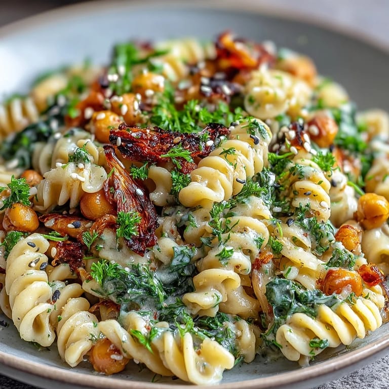 Serving suggestion for a Chickpea Pasta Bowl: a hearty vegan meal plated with roasted vegetables and a sprinkle of sesame seeds.