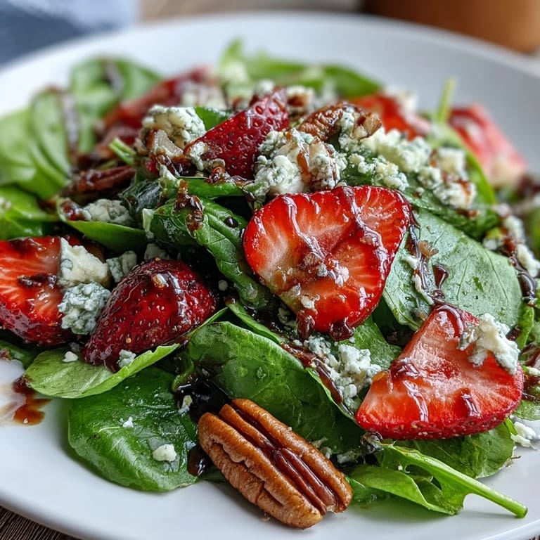 Fresh strawberries and peppery arugula tossed with tangy balsamic glaze in this elegant Spring Dinner Party Salad.  