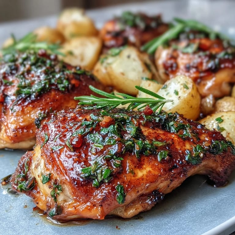 Tender roasted chicken glazed with lemon and herbs, served with golden baby potatoes, ideal for an elegant spring meal.  