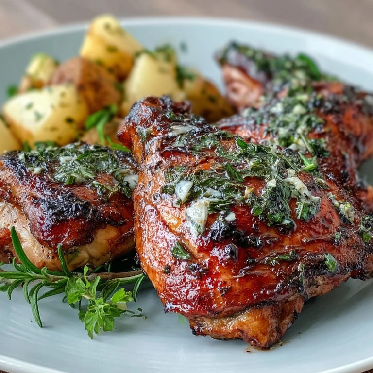 Juicy lemon herb chicken with crispy baby potatoes, beautifully roasted and garnished, making a stunning centerpiece for any dinner table.