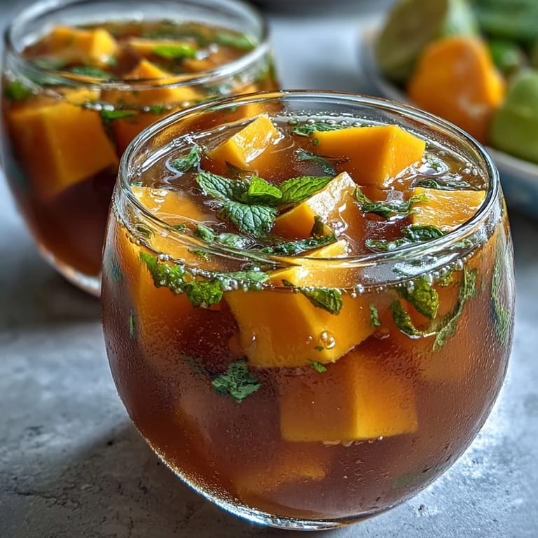 A refreshing non-alcoholic sangria with juicy mango and peach slices, citrus, and sparkling water in clear glasses.