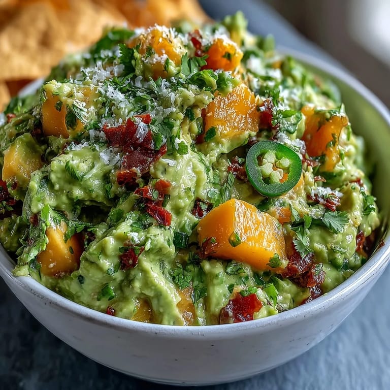Fresh, colorful guacamole featuring ripe avocado, juicy mango, and jalapeño, served with crispy tortilla chips for Cinco de Mayo.