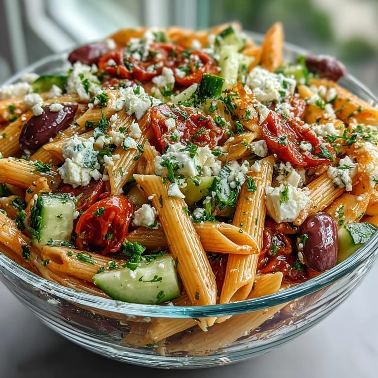 Colorful bowl of Greek pasta salad with creamy feta, briny olives, and crisp vegetables—perfect for summer picnics.