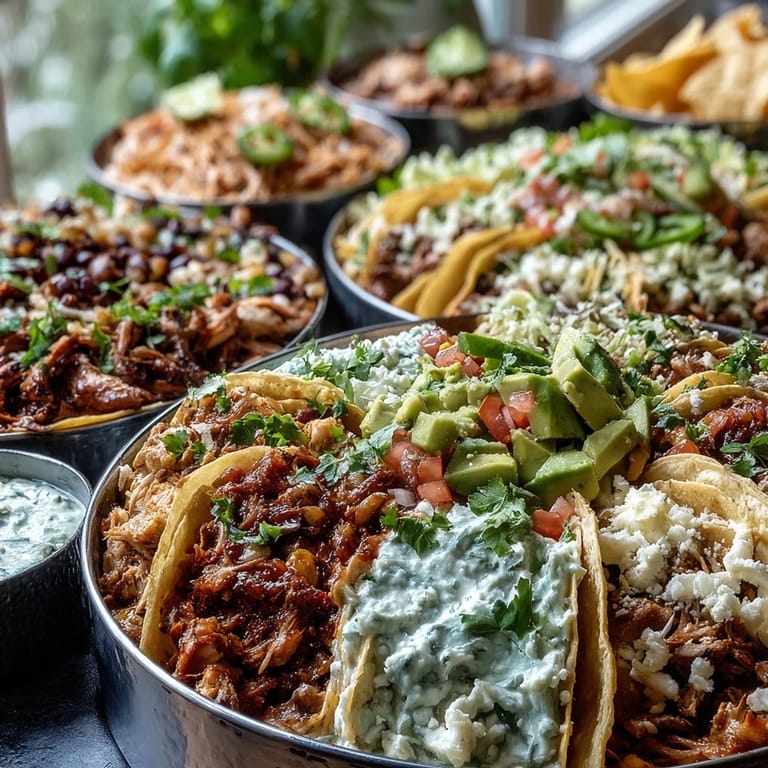 Colorful Cinco de Mayo taco bar featuring warm tortillas, seasoned meats, fresh toppings, and zesty salsas for a party-perfect spread.