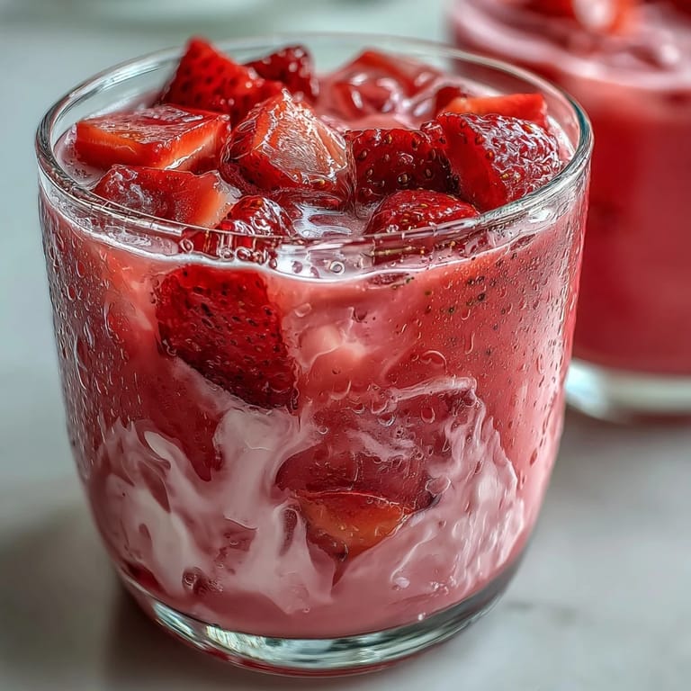 Two tall glasses filled with a vibrant pink drink, garnished with sliced strawberries and a straw.