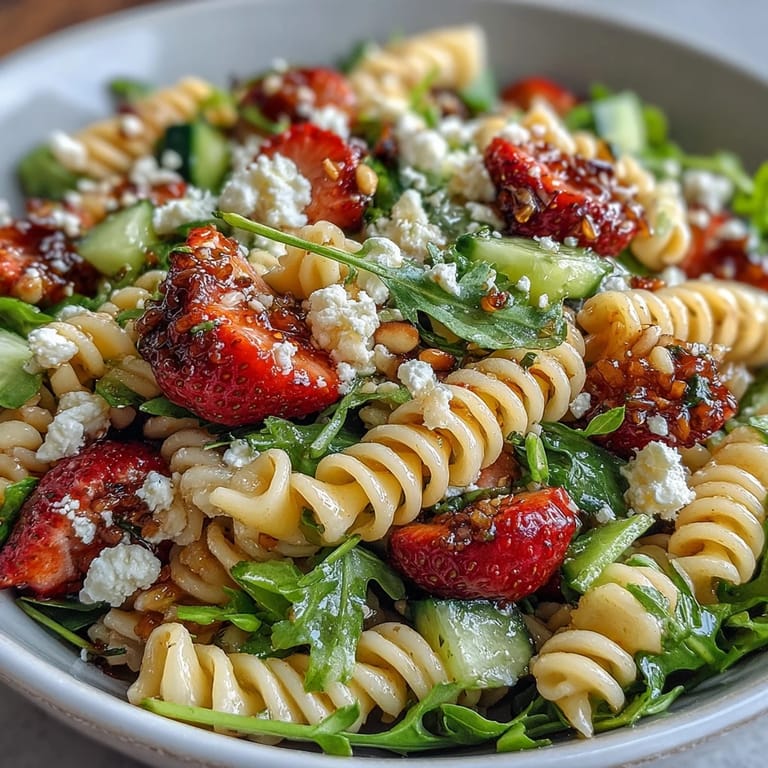 Refreshing strawberry and feta pasta salad tossed with peppery arugula and cucumber. A delightful Mediterranean-inspired spring lunch or side dish.