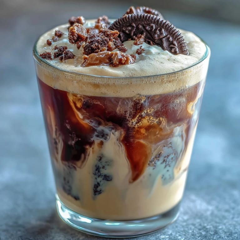 Cookies and cream cold brew with whipped cream and crushed Oreos on top.