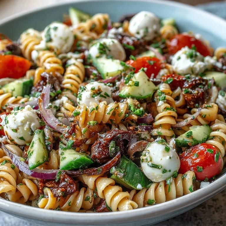 Easy pasta salad with Italian dressing, tossed with crisp veggies and creamy mozzarella, ideal for a refreshing side or main course.
