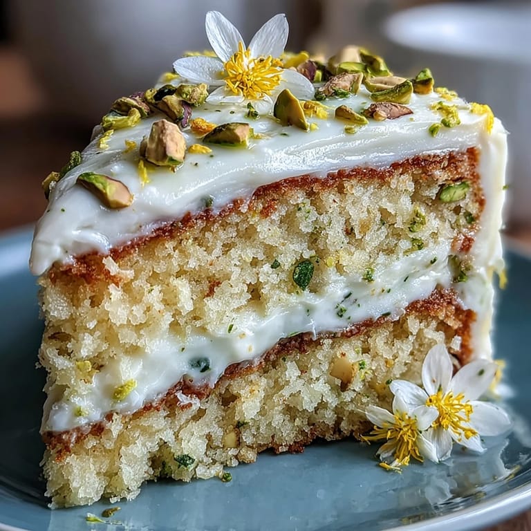 Bright lemon layers with creamy pistachio frosting, crunchy nuts, and fresh zest, ideal for a festive spring dessert.