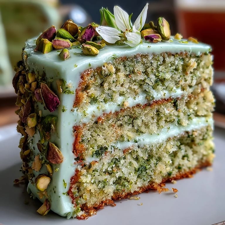 Elegant layered lemon-pistachio cake with smooth frosting, chopped pistachios, and vibrant lemon zest for a birthday treat.