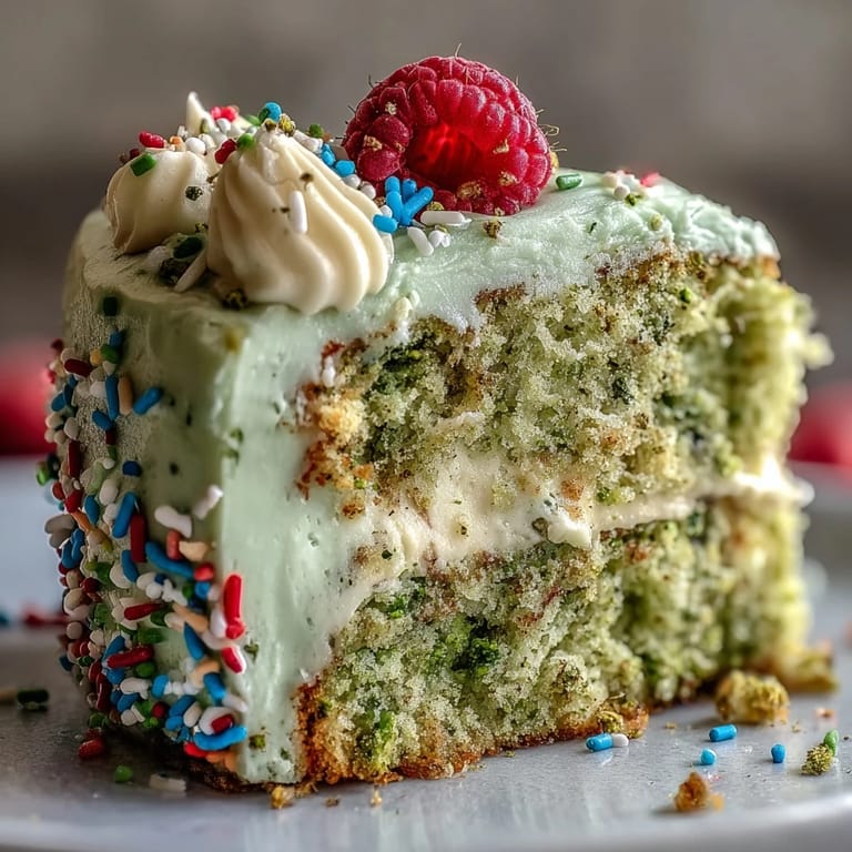 Fluffy mini matcha cake layered with smooth vanilla frosting, decorated with fresh berries for a festive brunch treat.