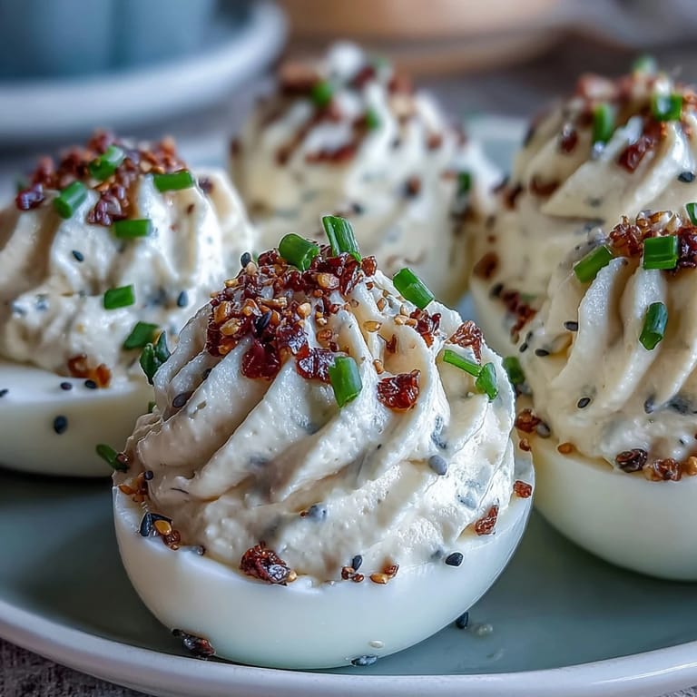 Everything bagel deviled eggs with rich cream cheese filling, perfect for parties or appetizer platters.