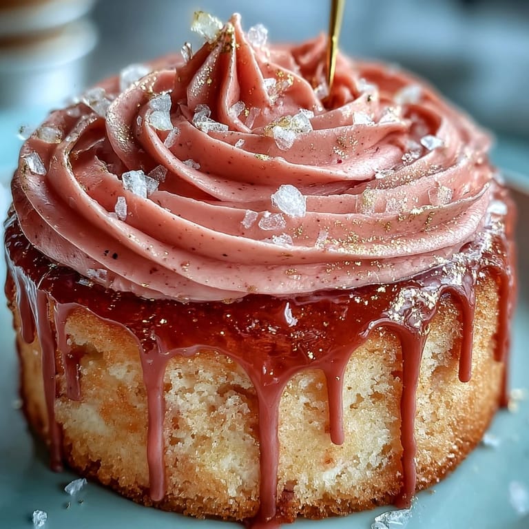 Delicate pink rosé velvet cake layered with tangy cream cheese frosting and elegant gold ganache drizzle.