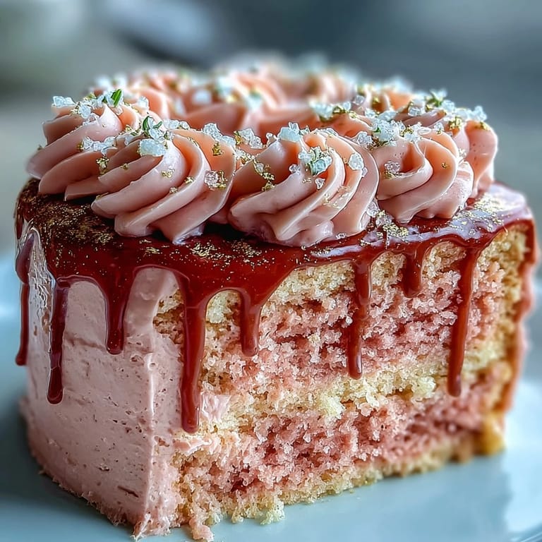 Luxurious pink-hued rosé cake with rich cream cheese frosting and stunning edible gold drip for bridal showers.