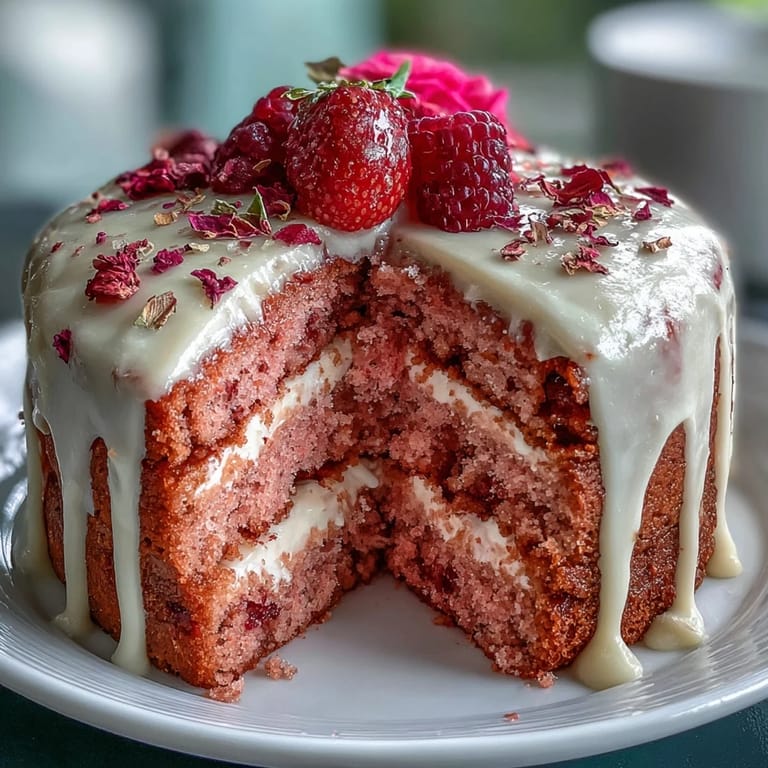 Decadent Bridal Shower Rosé Velvet Cake featuring a luscious gold ganache drip.