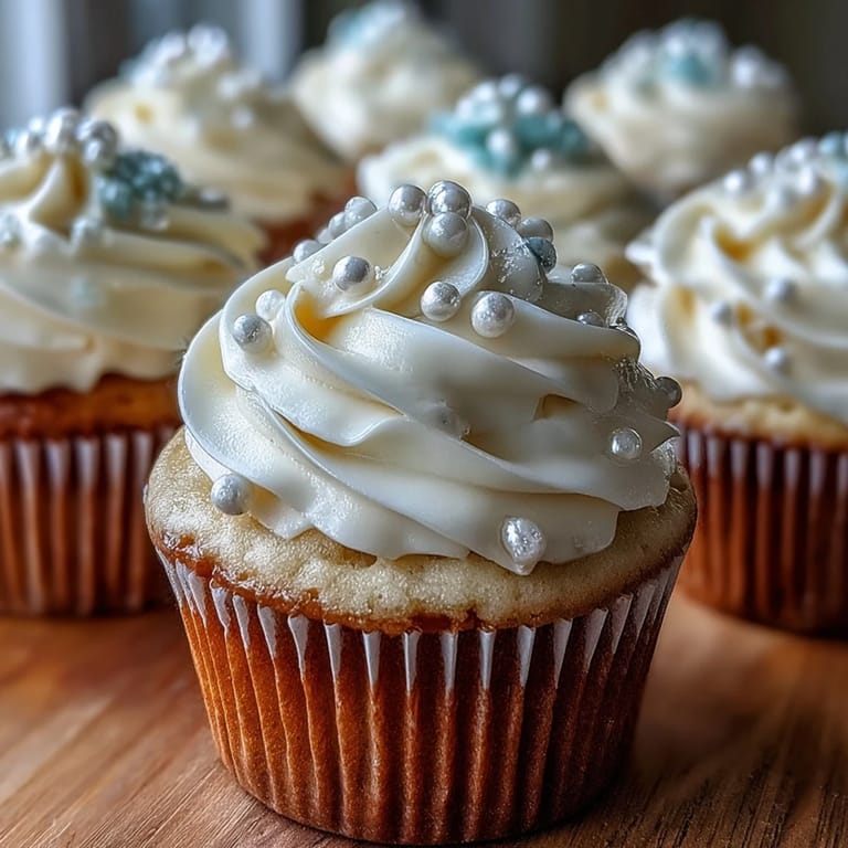 Festive Cancer birthday cupcakes, vanilla frosted with elegant fondant pearls, ready to impress guests.