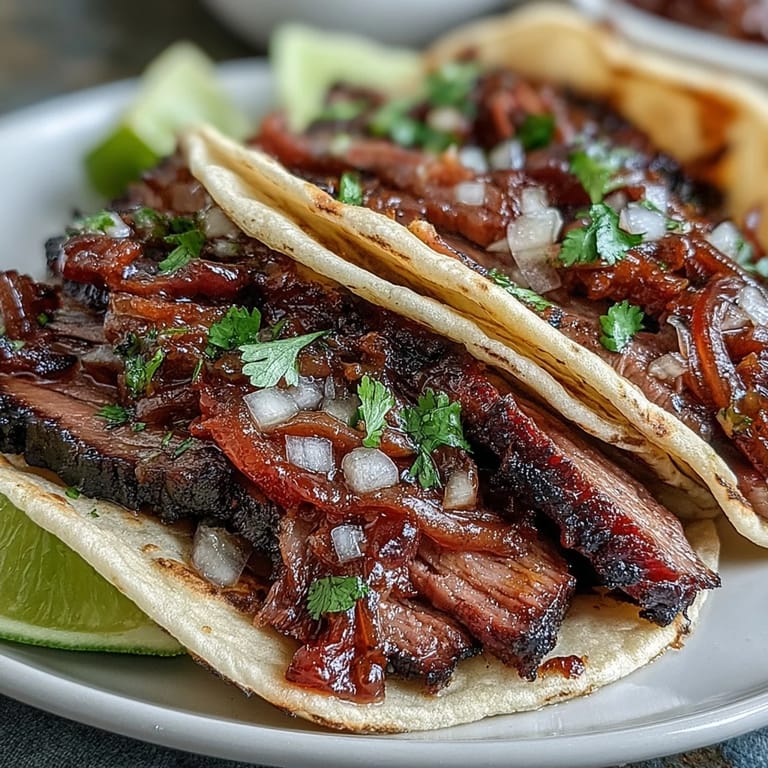 Juicy Smoked Brisket Tacos loaded with bright pickled onions, ready to devour.