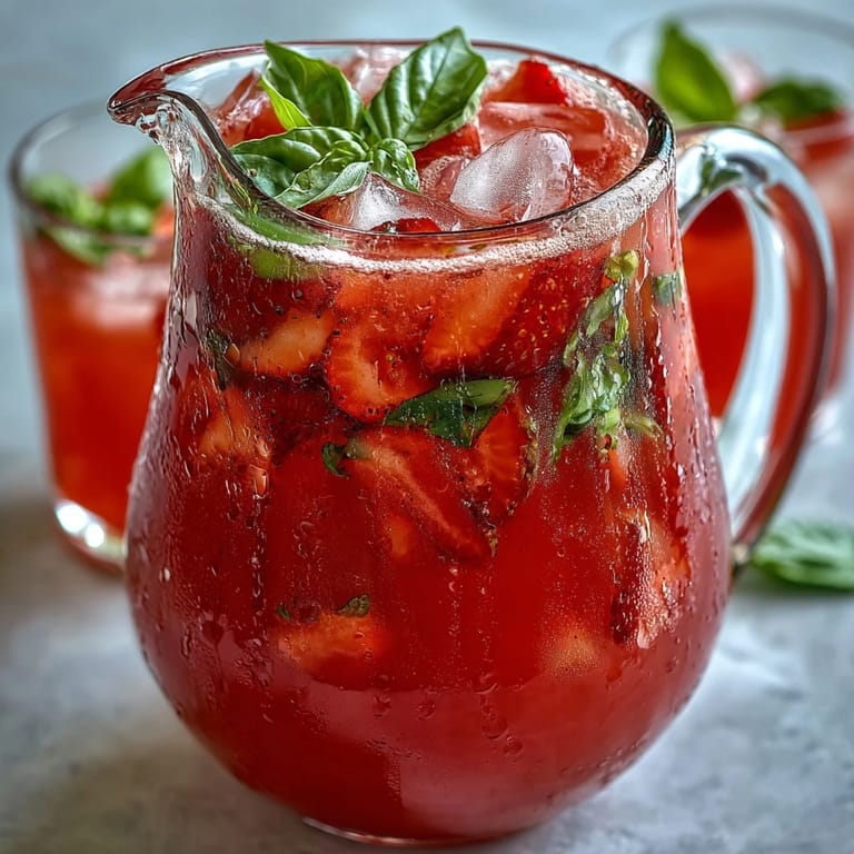Close-up of a refreshing Strawberry Basil Lemonade Pitcher with ice.