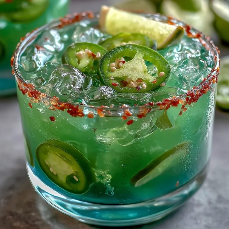 Refreshing mocktail photo showcasing the vibrant green pickle margarita with a salted rim.