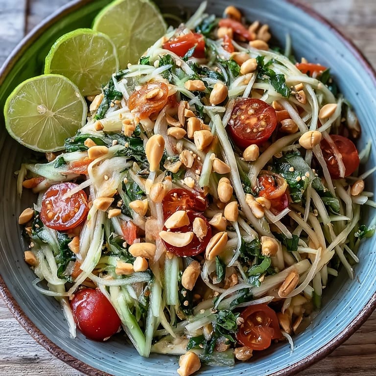 Colorful Som Tam salad featuring green papaya, peanuts, and juicy tomatoes.