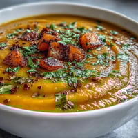 A bowl of creamy butternut squash and lentil soup, garnished with fresh cilantro and a lemon wedge. 