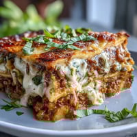 Golden, bubbling One-Pan Smoky Veggie Lentil Lasagne fresh from the oven with fresh basil garnish.
