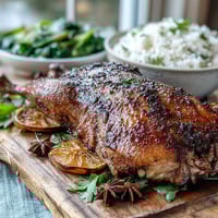 A golden-brown Five-Spice Roast Ducks glistening with honey, ready to be carved for a romantic dinner.
