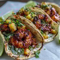 Warm corn tortillas hold sriracha shrimp and mango salsa topped with crunchy red cabbage.