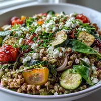 A vibrant Farro Pasta Bowl topped with crumbled feta and toasted pine nuts, served in a rustic ceramic bowl.  