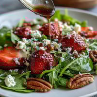 Vibrant Spring Dinner Party Strawberry Arugula Salad with creamy goat cheese and balsamic glaze, perfect for entertaining.  