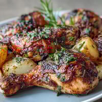 A golden roasted chicken with lemon and herbs, surrounded by crispy baby potatoes, perfect for a cozy family dinner.  