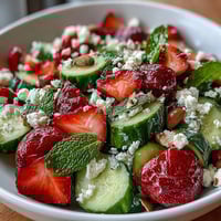 Crisp cucumber and strawberry salad with mint, a refreshing spring dish bursting with vibrant colors and fresh flavors.