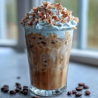 Creamy iced vanilla bean frappuccino with toasted coconut foam, a refreshing summer coffee treat topped with luscious vanilla-infused foam.