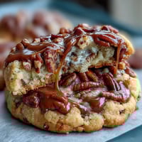 Buttery pecan cookies with caramel swirl, golden and chewy, topped with toasted nuts for a rich, nutty flavor.  