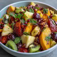 Vibrant tropical fruit platter with mango and pineapple slices arranged on a large serving board, garnished with mint and lime wedges.