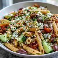 Vibrant Greek pasta salad with olives and feta, bursting with fresh veggies and tangy Mediterranean flavors.