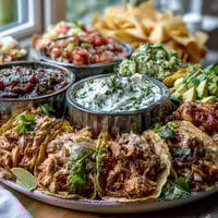 Festive Cinco de Mayo taco bar spread with chicken, beef, beans, and all the fixings for a DIY taco feast.