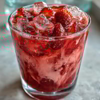 A creamy, pink-hued Pink Starburst Refresher with fresh strawberries and a swirl of coconut milk.