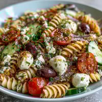 Fresh summer pasta salad with Italian dressing, featuring colorful vegetables and mozzarella balls for a zesty, picnic-ready dish.  
