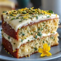 A stunning spring birthday cake with lemon sponge, pistachio frosting, and edible flowers, perfect for celebrations.
