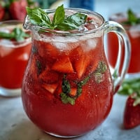 Strawberry Basil Lemonade Pitcher photographed with fresh fruit garnish.