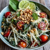 Vibrant Thai Papaya Salad with Peanuts, bright lime dressing, and fresh vegetables.